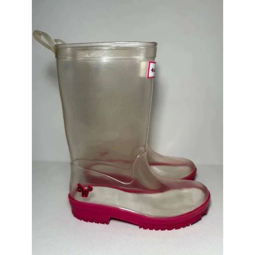 American Girl Wellie Wishers Willa Clear and Pink Rain Boots Girls Sz 12 EUC